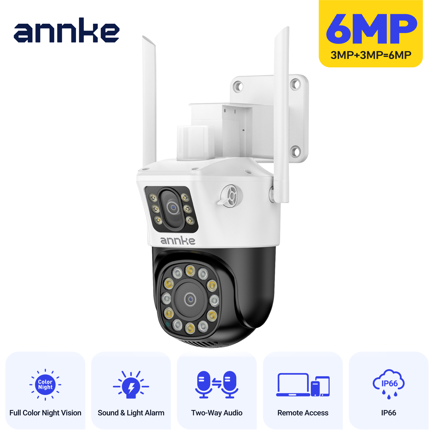 Smart Home Imou - กล้องวงจรปิดไร้สาย ANNKE 6MP แบบสองเลนส์ สำหรับภายนอกอาคาร พร้อมไฟแฟลชสีแดงน้ำเงิน