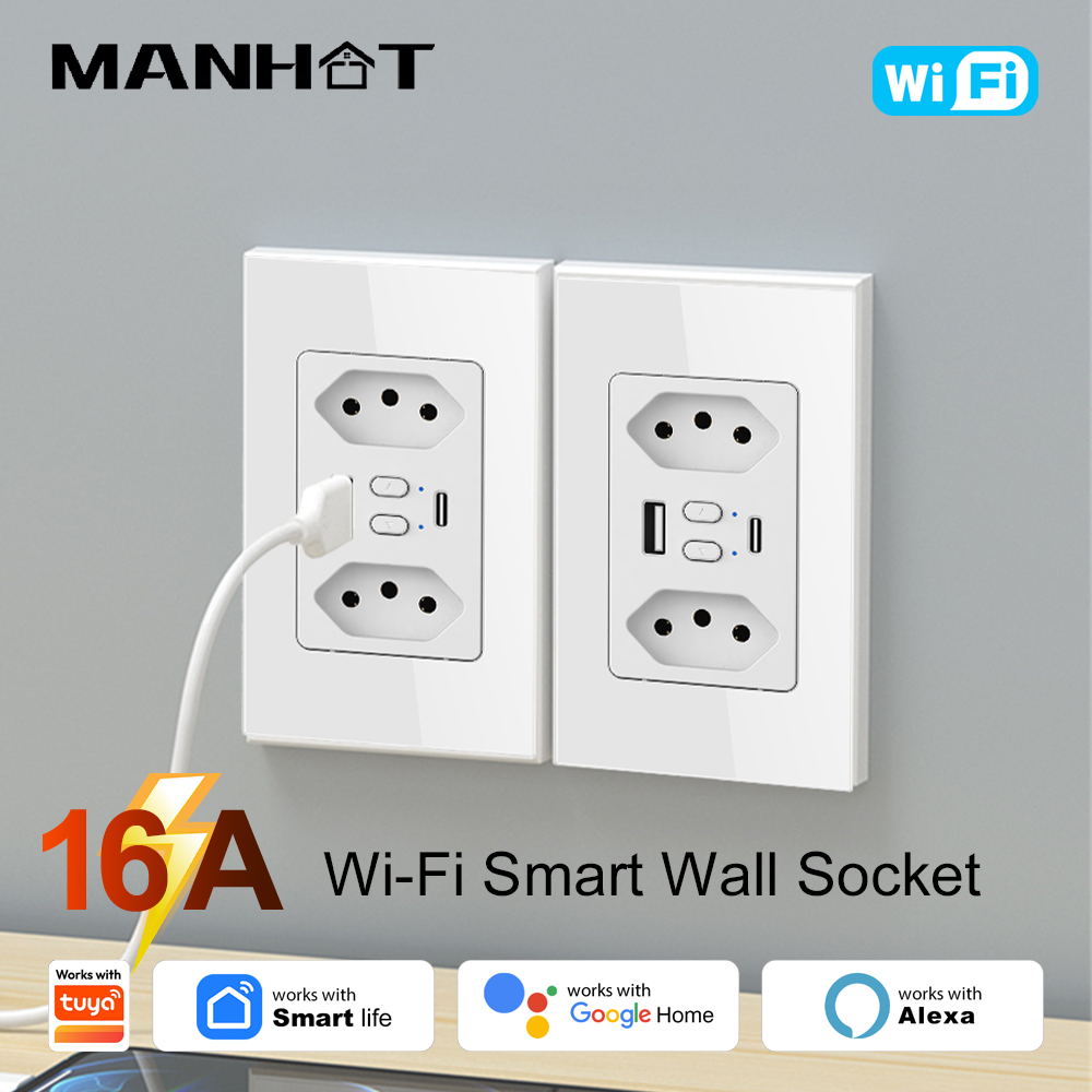 Smart Home Network - MANHOT ปลั๊กไฟอัจฉริยะ Wifi สำหรับบราซิล พร้อมช่องเสียบ USB